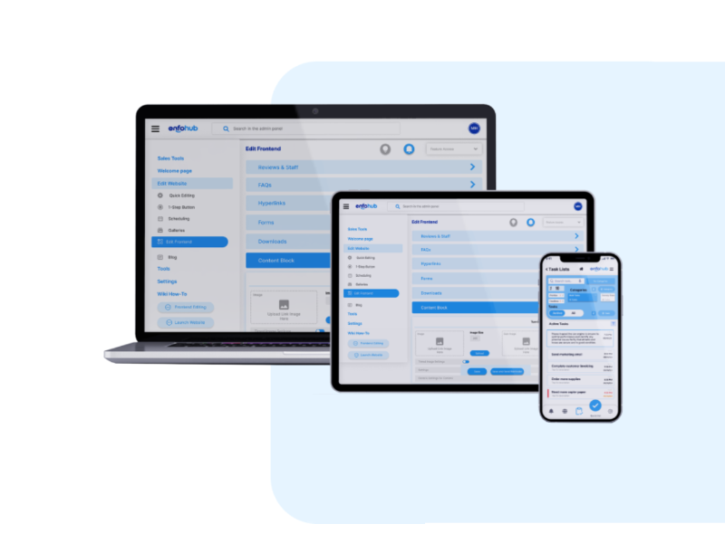 Website Builder App - $30.00 per month
This basic Website Builder is accessible via computer, tablet, and cell phone. It includes small business tools and a Task Manager App.
All new website builder customers receive a personal coach for small business issues and marketing, referred to as your App. Your website is built by your App Manager after meeting with you. There is no fee for the website building; we only ask for 3 referrals to new enfohub customers.